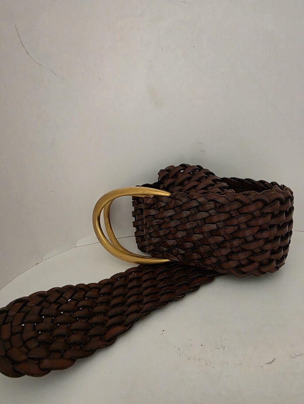 Vintage Vecchi Hamilton Hodge brown braided leather belt polished gold-finish 11